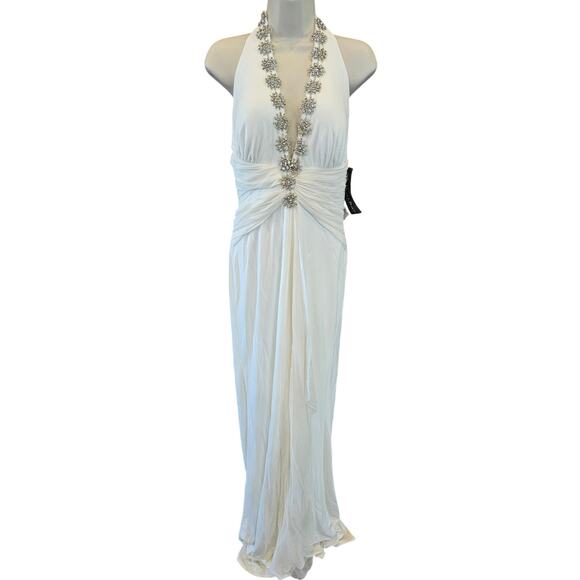 NWT Nicole Bakti wedding dress stretch halter silk chiffon L beaded v neck long - Picture 1 of 8
